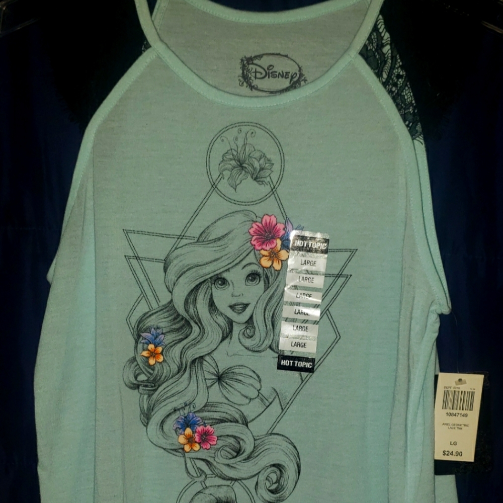 Disney Teal Tank Top with Ariel Line Art and Floral Accents